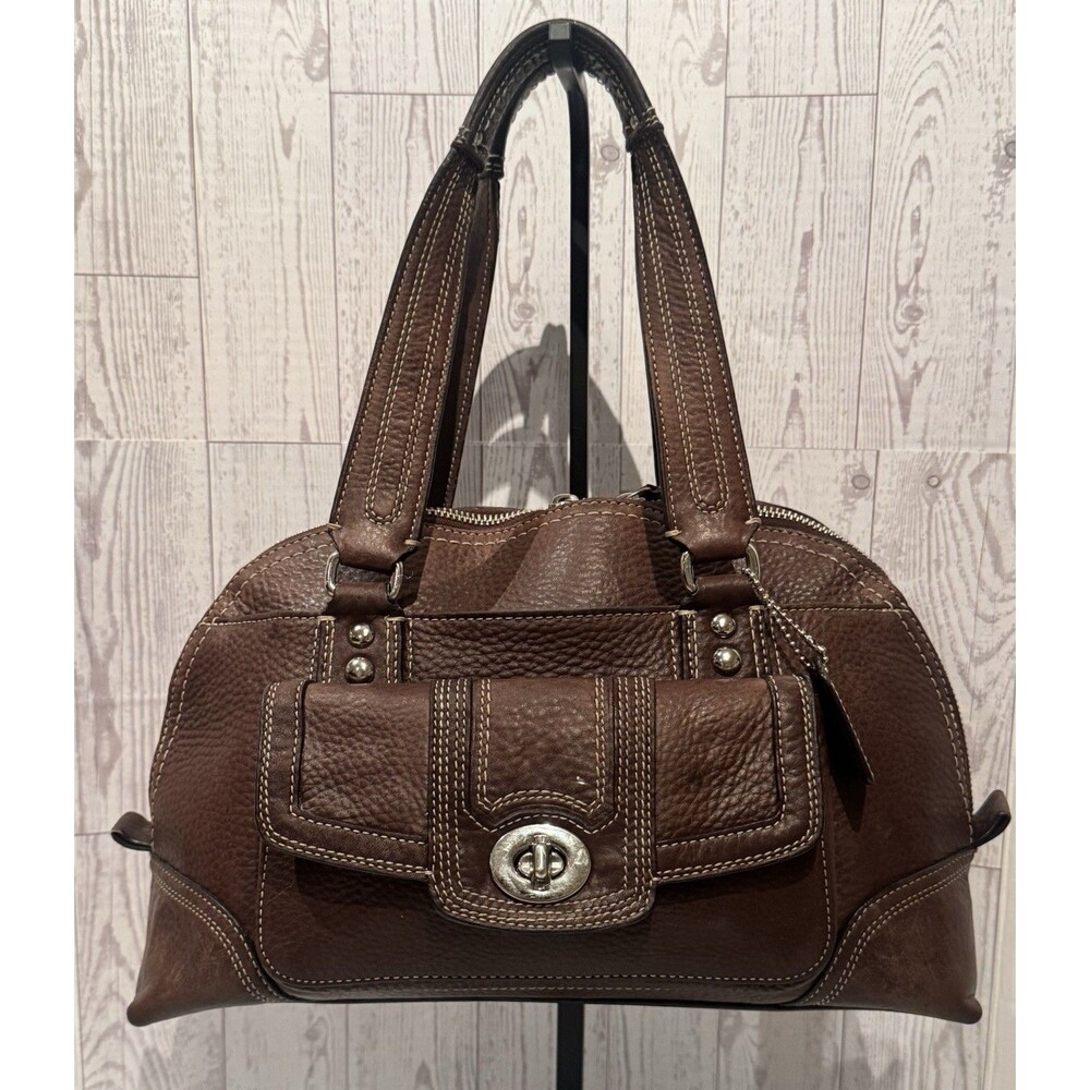 VTG COACH Hamptons Zip Satchel F13963 Dark Brown Pebbled Leather Boston Bag Y2K